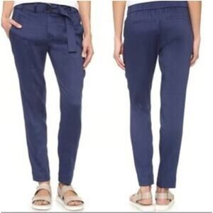 NWOT Vince Navy Blue Linen-Blend Belted Trouser Casual Ankle Pant Size 2